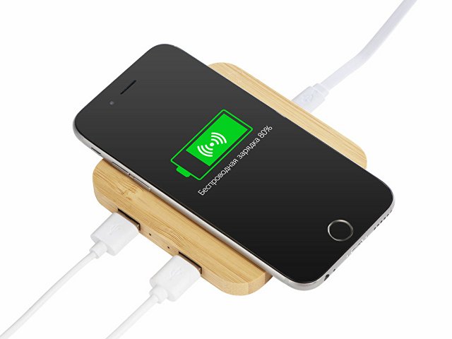 USB-хаб с беспроводной зарядкой из бамбука «Plato», 5 Вт thumbnail