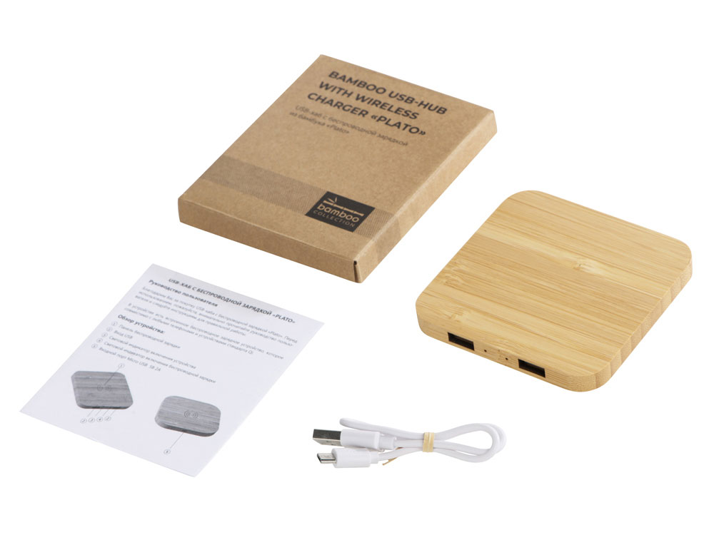 USB-хаб с беспроводной зарядкой из бамбука «Plato», 5 Вт