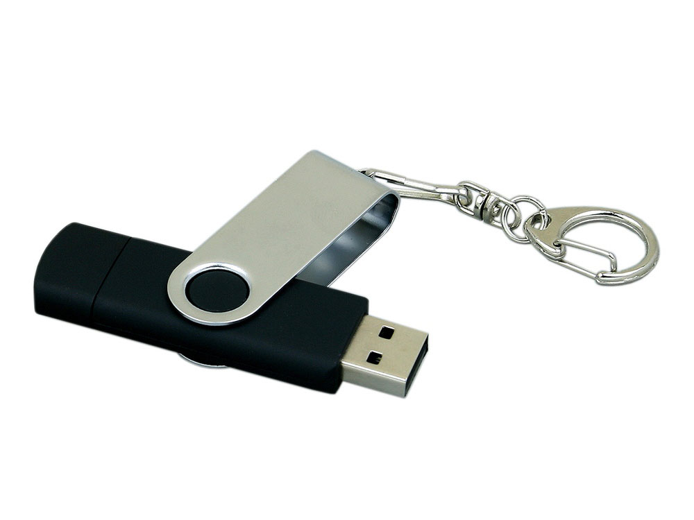 USB 2.0- флешка на 64 Гб с поворотным механизмом и дополнительным разъемом Micro USB