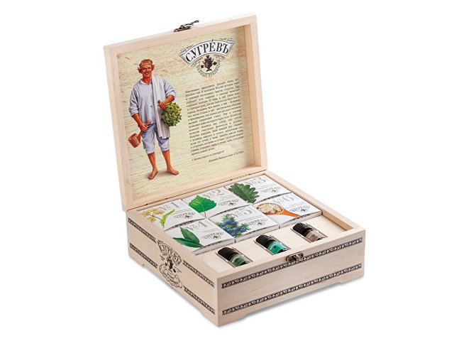 Подарочный набор с чаем и эфирными маслами «История пара и самовара» в деревянной шкатулке thumbnail