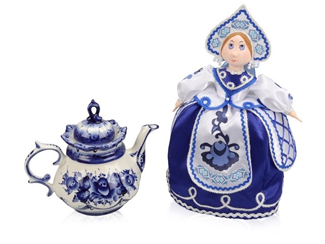 Подарочный набор «Гжель»: кукла на чайник, чайник заварной с рос