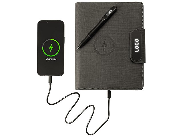 Подарочный набор «Twilight»: органайзер А5 с беспроводной зарядкой и металлическая шариковая ручка со светящимся логотипом thumbnail